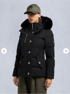 Moose Knuckles Black Quilted Hooded Puffer with Fur Trim